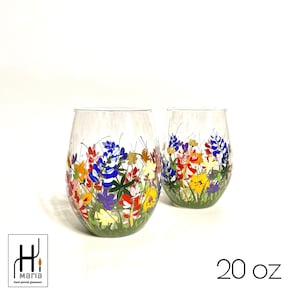 Texas floral stemless wine glasses | Painted wine glasses | Texas flowers | Christmas gift | Birthday gift | Gift for woman | Set of 2