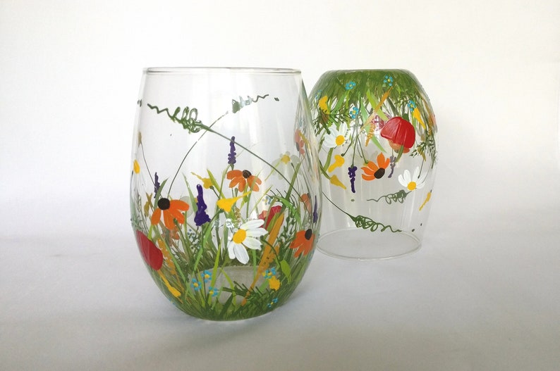 Stemless Wine/juice/water Glasses. Hand Painted Wildflower Etsy
