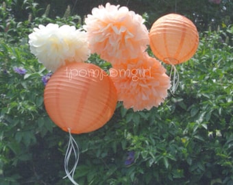 PEACHES & CREAM / 3 Tissue Paper Pom Poms/2 Paper Lanterns // wedding decorations / birthday decorations / bridal shower / paper flowers