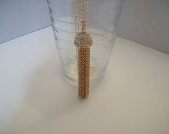 Pink Gold Color Tassel Pendant Necklace 26 inch Nichol Free chain 3 1/2 inch Tassel Clear Rhinestone on Cap