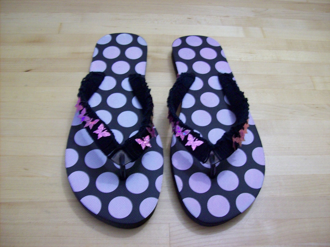 Polka Dot Flip Flops: Black Crochet, Pink Butterfly Trim (size 9/10) - Etsy