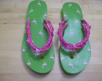 Flamingo Theme Flip Flop/Thong Sandalias con ganchillo y Decoración Buttetfly Talla 10 para Mujer