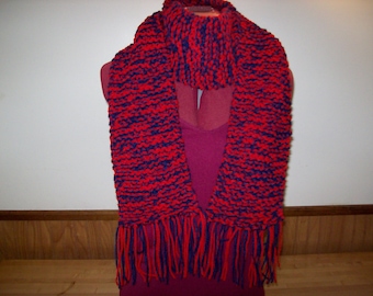 Bufanda de invierno acrílica roja y azul marino tejida a mano