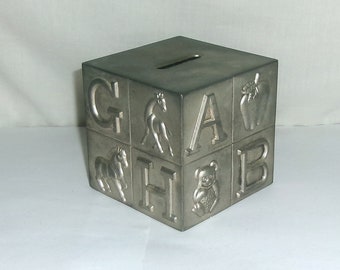 Vintage ABC Children Metal Coin Bank 3" Square Cube Felted Bottom