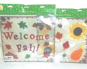 CVS Fall Fest Thanksgiving Halloween Holiday Autumn Fall Window Gel Clings Set of 2 Welcome Fall Leaves Flowers