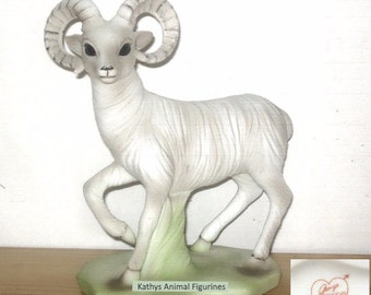 Male Ram w Horns George Good Art Ceramic Taiwan White Animal Figurine Mountain Goat Porcelain