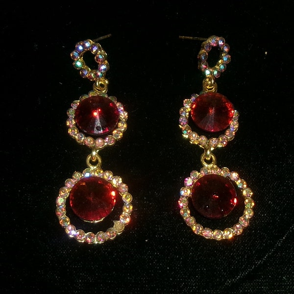 Festive Amber Rhinestone Glass Costume Dangle Earrings Gold Tone Stud or Butterfly Back