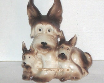 Terrier Dog Germany Porcelain Ceramic A198 two 2 Puppies Animal mom and pups Figurine Family Brown Tan