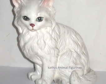 Lefton China Cat H1514 White Persian Sitting Ceramic Animal Figurine Fluffy Blue Eyes