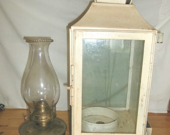Vintage Metal Wall Lantern w/Handle and Door - oil burner and chimney - 2 piece Set - metal and glass - Indoor Outdoor