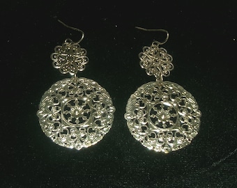 Festive Gold-tone Double Circles Costume Filigree disks Dangle Earrings FishHook