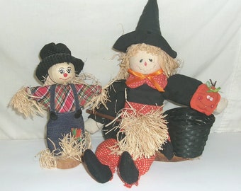 Thanksgiving Halloween Holiday Autumn Fall Decorations Straw witch w basket and Scarecrow Set of 2