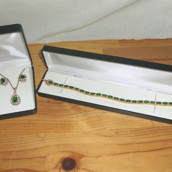 Costume Jewelry 3 piece Gold tone set Earrings Chain Pendant Tennis Bracelet White and Green Rhinestones