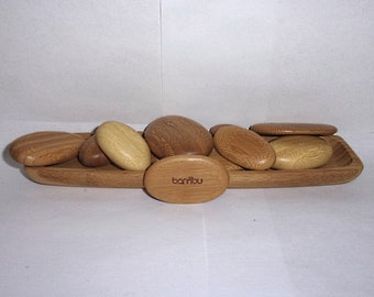 Bambu Wood River Rocks Art Display 11 Sanded Shades of light and dark grained wood with Holding Tray heat therapy