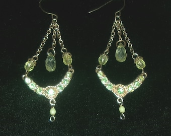 Festive Gold Tone and Green Rhinestone Costume Chain Dangle Earrings FishHook