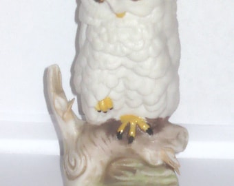 Snowy Owl CYBIS Baby white on Branch Porcelain Bird Chick Owlet Animal Figurine Ceramic