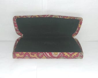 Vintage Eyeglass Case Dark Red Paisley Fabric Hard Case Piano Hinge Close - Color Bleed