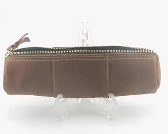 Vintage Leather Storage Pouch with Gold tone zipper 2x8 Glasses Storage Case