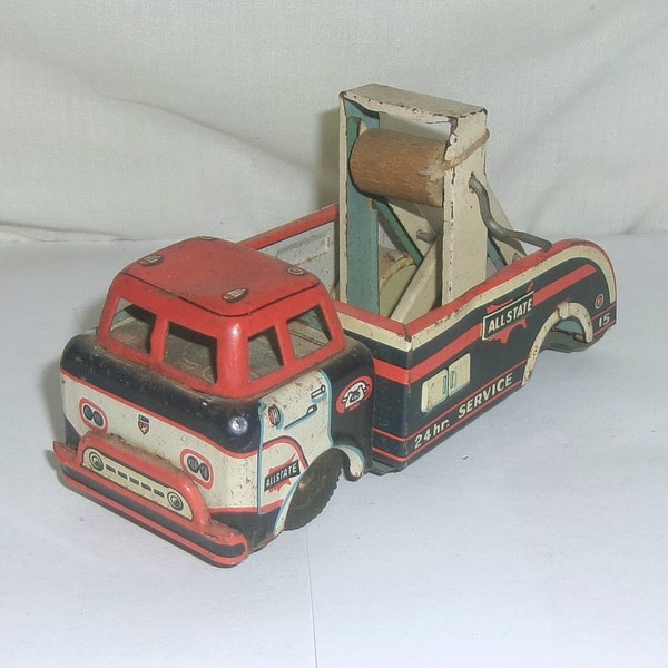 Vintage LineMar Japan Metal Tin Toy Allstate 24 Hour Tow Service - Wind Up Friction - Missing Back Wheels