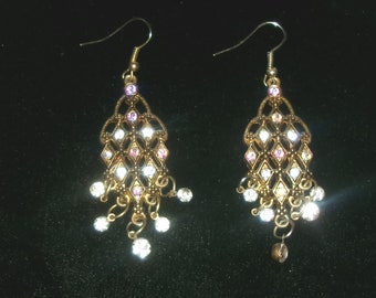 Festive Gold Tone Filigree and Clear Rhinestone Aurora Costume Dangle Earrings FishHook