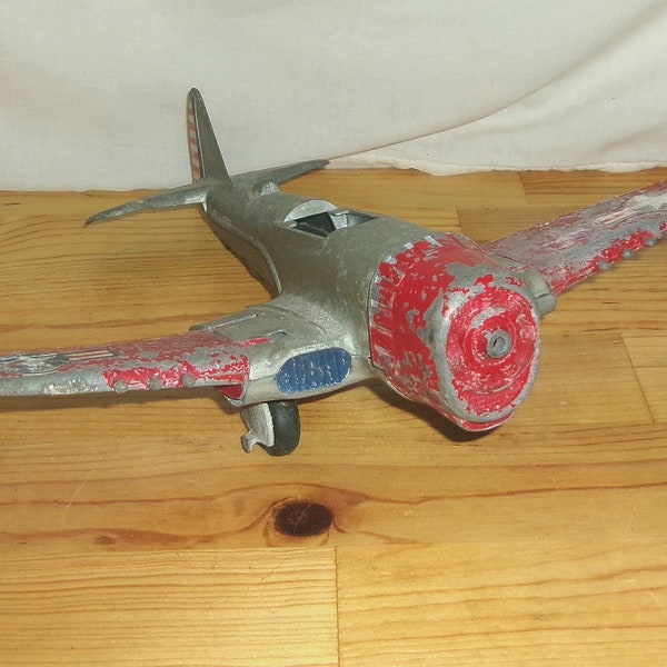 Vintage Hubley USA Kiddie Toys Iron Metal Toy Military Airplane Plane WWII Folding Wings - Missing Propeller and Pilot Window