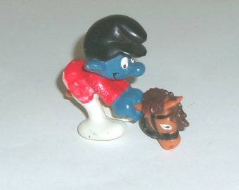 Schleich 1990 Peyo Hong Kong Smurf on Hobby Horse 2" rubber toy figure