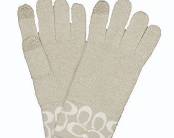 Coach Signature Logo Knit Gloves with Fingertip Phone Touch - Camel Vanilla RN #132154