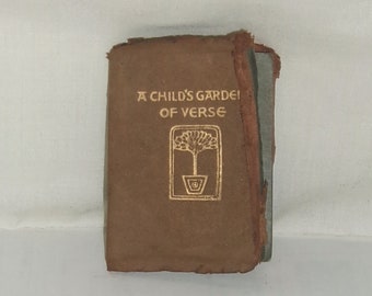 Antique Book MINIATURE A Child's Garden of Verse Leather Bound Gold Stamped Pub. Saalfield, OH Library