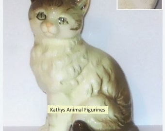 Cat Animal Figurine Nippon Japan Brown White Tabby  Sitting Porcelain Ceramic