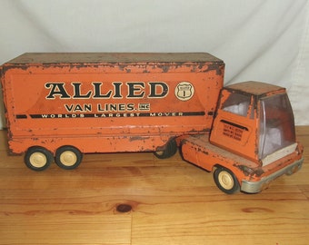 Vintage Metal Tonka Toys USA Allied Van Lines Truck Cab and Trailer Missing Back Doors, Size Medium 16" long