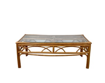 Vintage Rattan Cocktail Table • Cathedral Arch • Glass Top • 1970s–80s • Boho