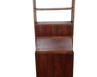 Vintage 1960s MCM Walnut Secretary Bookcase • Louvered Doors • Drop-Front Desk • LP Record Storage