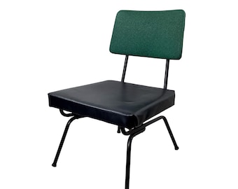 Vintage MCM Iron Rod Chair • Forest Green Tweed, Black Vinyl Seat