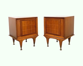 Pair Vintage MCM Walnut Nightstands | Brass Grid Doors | Sculptural Legs