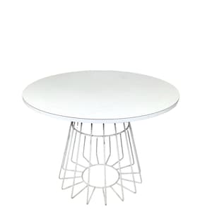 May include: A white, round table with a metal wire base. The tabletop is white and the base is a light gray color. The table is approximately 24 inches in diameter and 20 inches tall.