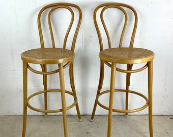 Pair Vintage Modern Cane Seat Barstools