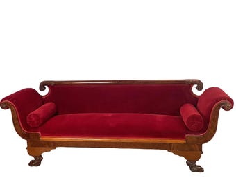 Antique American Empire Revival Mahogany Settee Sofa • Scroll Arms • Carved Paw Feet • Crimson Velvet
