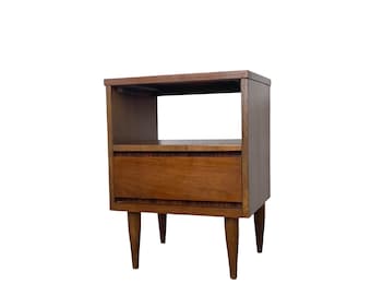 Vintage MCM Walnut Nightstand • Open Shelf + Drawer • Durable Laminate Top •