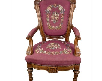 Vintage Renaissance Revival Armchair, Burgundy Floral Upholstery, Carved Wood Accent Chair with Scroll Arms