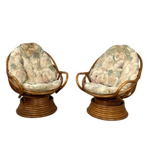 Pair Vintage Rattan Swivel Egg Lounge Chairs, Stacked Pedestal Base