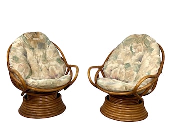 Pair Vintage Rattan Swivel Egg Lounge Chairs, Stacked Pedestal Base