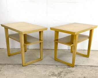 Pair MCM Two Tier Blonde Side Tables