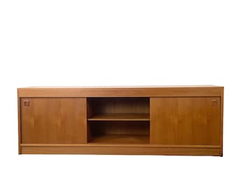 Vintage Scandinavian Modern Teak Credenza | Minimalist Media Cabinet with Sliding Doors