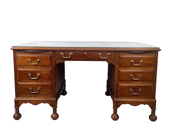 Antique Queen Anne Burl Walnut Kneehole Desk • Brass Bail Pulls • Bun Feet • Glass Top