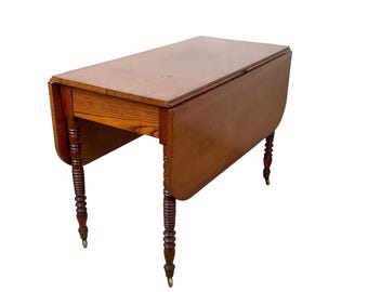 Antique American Drop-Leaf Table, Spool-Turned Bobbin Legs With Brass Casters, Victorian Style