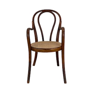 May include: A vintage wooden armchair with a curved back and armrests. The chair features a woven cane seat and a dark brown finish. The design is classic and elegant, suitable for various interior styles.