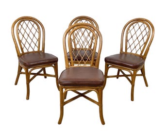 Set of 4 Vintage Rattan Dining Chairs, Coastal Boho