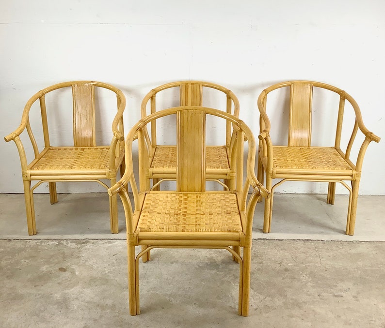 Vintage Boho Modern Bamboo Armchairs Set of Four image 1