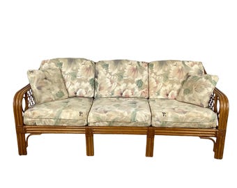 Vintage Rattan 3-Seat Sofa With Diamond Lattice Arms- Coastal Boho
