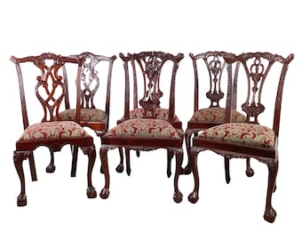 Set of 6 Chippendale Mahogany Dining Chairs • Carved Splat Back • Ball & Claw Feet